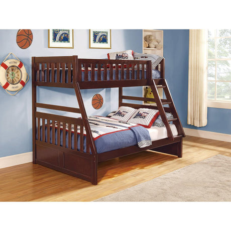 Rowe Dark Cherry Twin over Full Bunk Bed side view