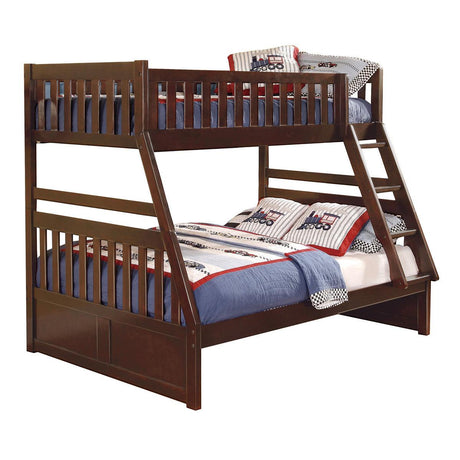 Rowe Dark Cherry Twin over Full Bunk Bed angled view