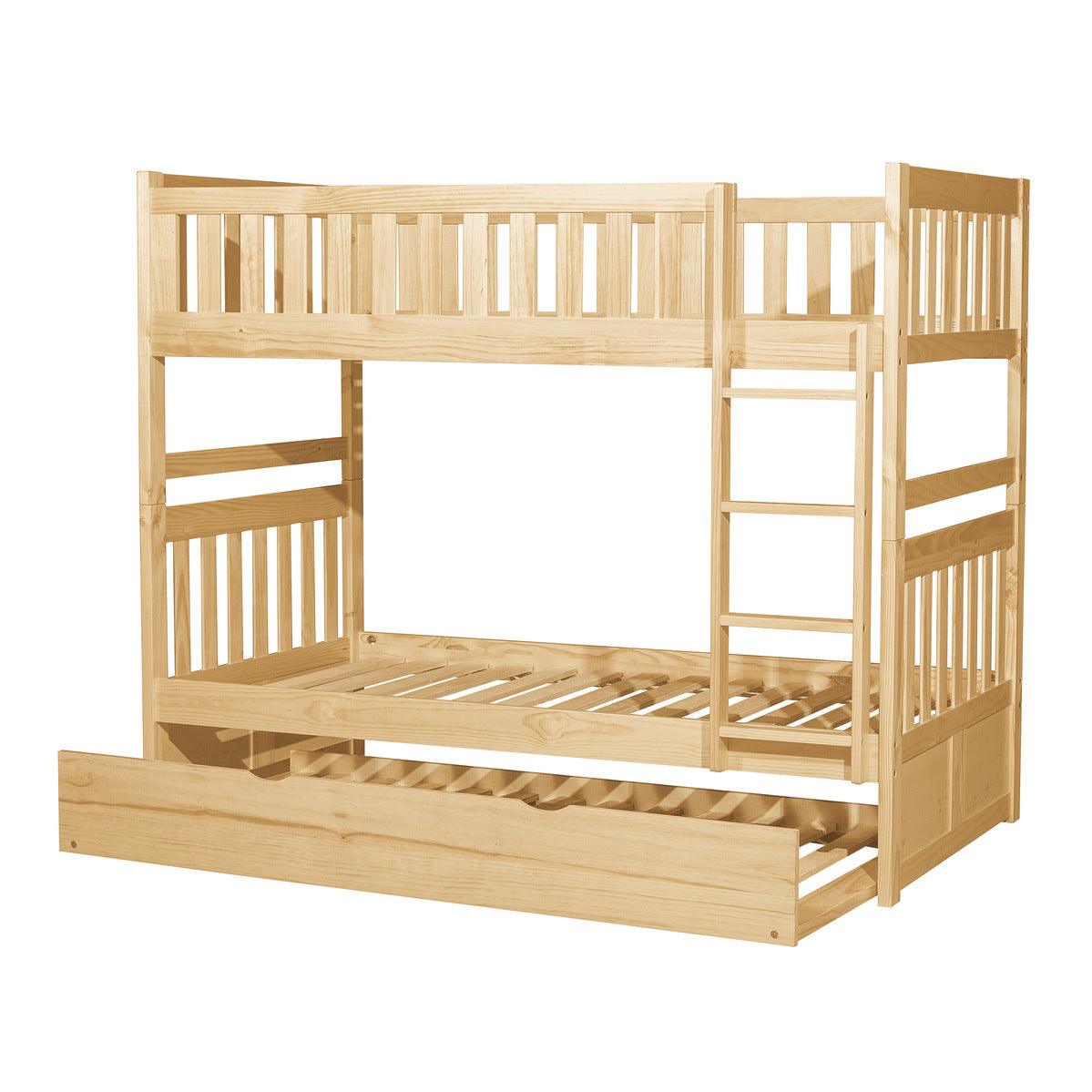 Bartly natural pine twin over twin bunk bed showing open trundle pulled out
