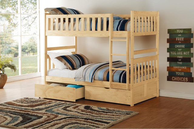 Bartly Twin Over Twin Bunk Bed full view with natural pine finish