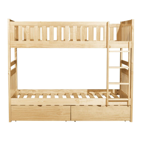 Bartly Natural Pine Twin Over Twin Bunk Bed front angle with storage open