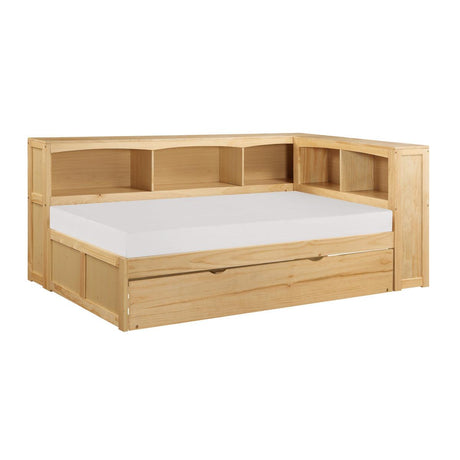 Bartly Natural Pine Twin Bookcase Corner Bed with Twin Trundle side view showing bookcases