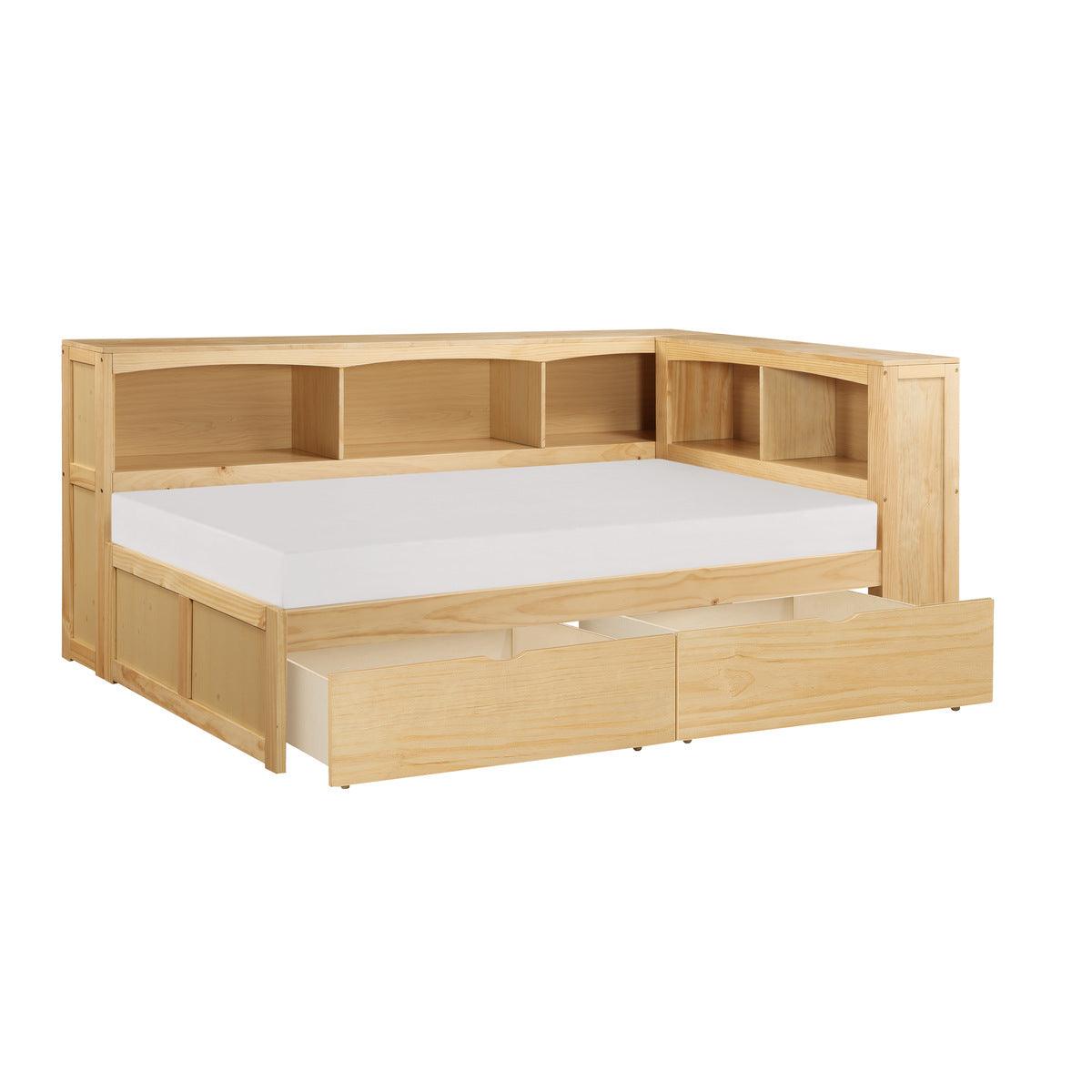 Bartly Natural Pine Transitional Engineered Wood Twin Bookcase Corner Bed With Storage Boxes - Ella Furniture