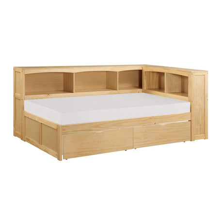 Bartly Natural Pine Twin Corner Bookcase Bed side view showing attached bookcase
