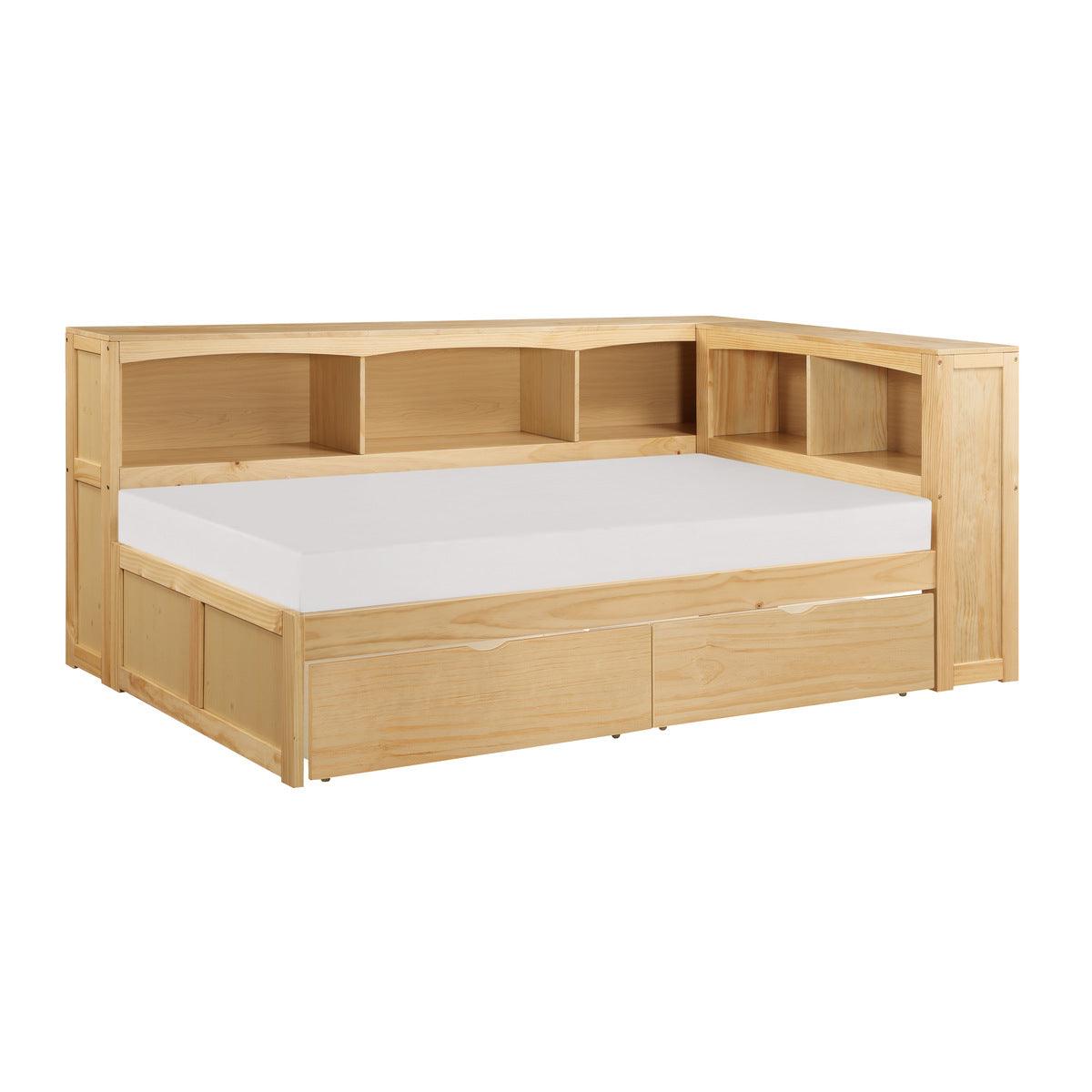 Bartly Natural Pine Transitional Engineered Wood Twin Bookcase Corner Bed With Storage Boxes - Ella Furniture
