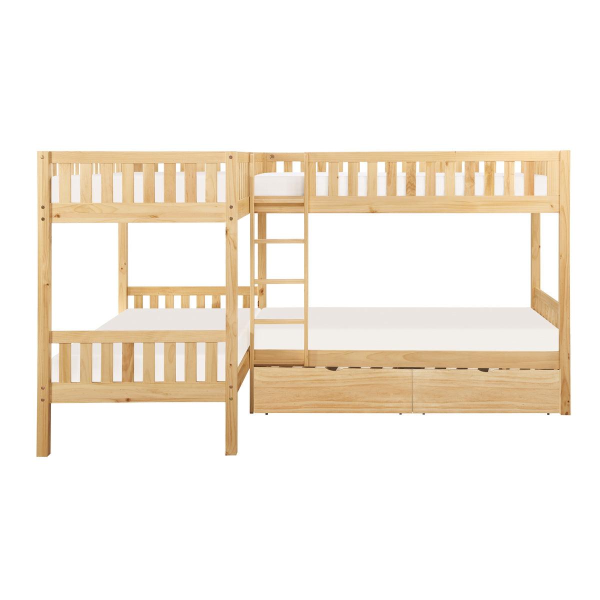 Bartly Natural Pine Twin Corner Bunk Bed with Storage Boxes - front angle