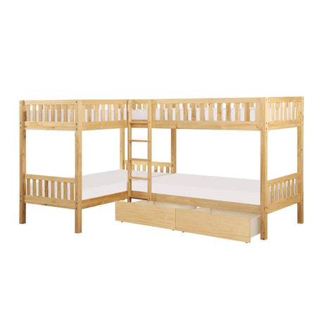 Bartly Twin Corner Bunk Bed with storage boxes open view