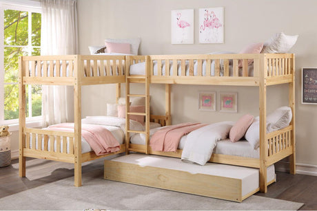 Bartly Natural Pine Corner Bunk Bed with Twin Trundle youth setup