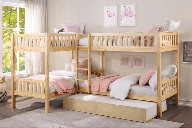 Bartly Natural Pine Corner Bunk Bed with Twin Trundle youth setup