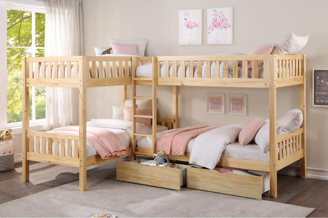 Bartly Natural Pine Twin Corner Bunk Bed with Storage Boxes - assembled view