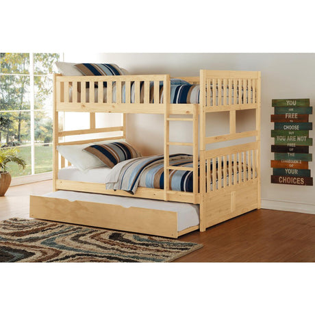 Full view of Bartly natural pine full over full bunk bed with twin trundle