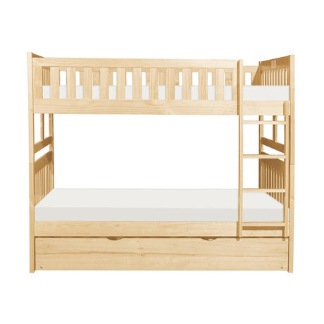 Bartly Natural Pine full over full bunk bed with twin trundle, front view