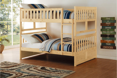 Bartly Natural Pine Full over Full Bunk Bed with Storage Boxes, front angle