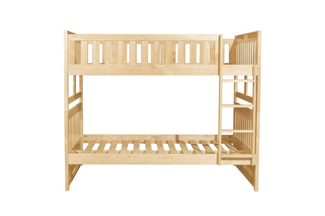 Bartly Natural Pine Full over Full Bunk Bed with Storage Boxes, top bunk side view