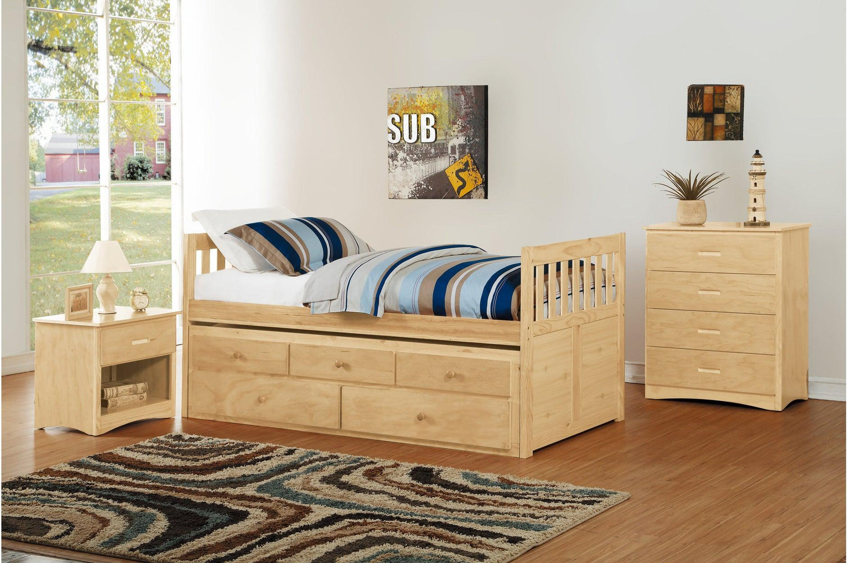 Natural Pine Youth Bedroom Set with Nightstand and Chest