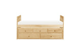 Close-up of Natural Pine Wood Panel Bed