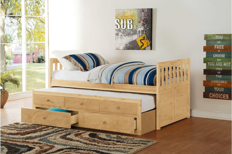 Bartly Natural Pine Youth Panel Storage Trundle Bed with Dresser and Mirror