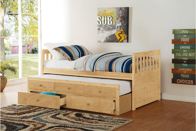 Bartly Natural Pine Youth Panel Storage Trundle Bed with Dresser and Mirror