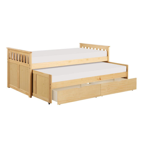 Pull-out trundle and storage boxes under Bartly bed