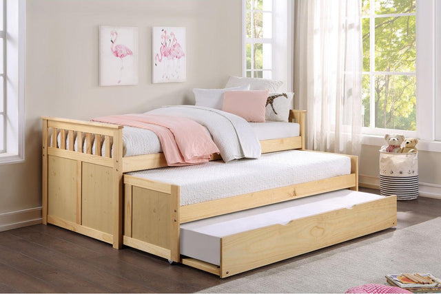 Bartly Natural Pine Twin Over Twin Trundle Bed assembled in youth bedroom
