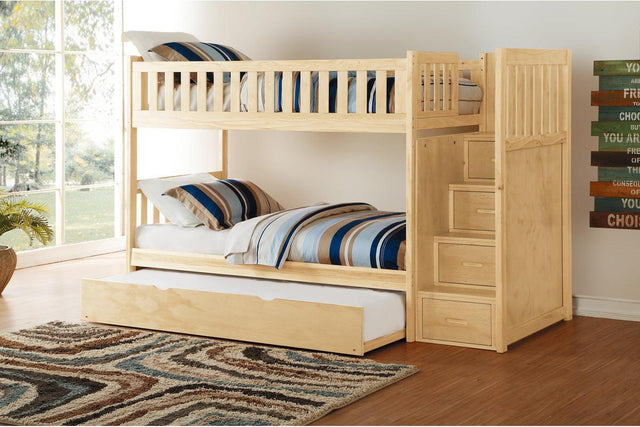 Bartly natural pine twin over twin step storage bunk bed front view