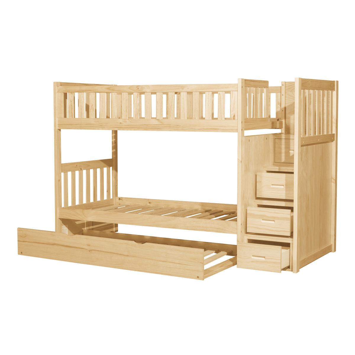 Bartly natural pine twin over twin step storage bunk bed with trundle pulled out
