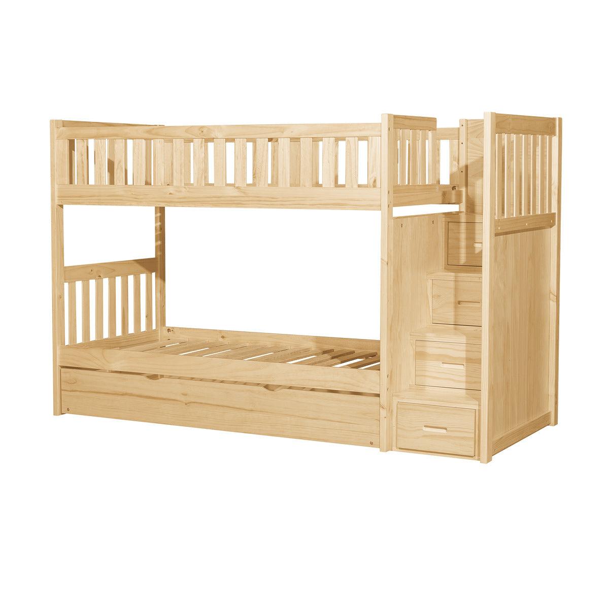 Bartly natural pine twin over twin step storage bunk bed side angled