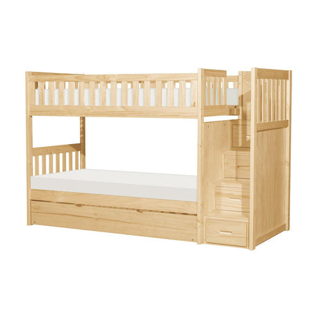 Bartly natural pine twin over twin step storage bunk bed side view