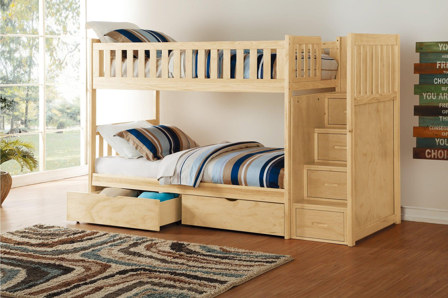 Bartly Natural Pine Modern Transitional Solid Wood Youth Bunk Bedroom Set With Storage - Ella Furniture