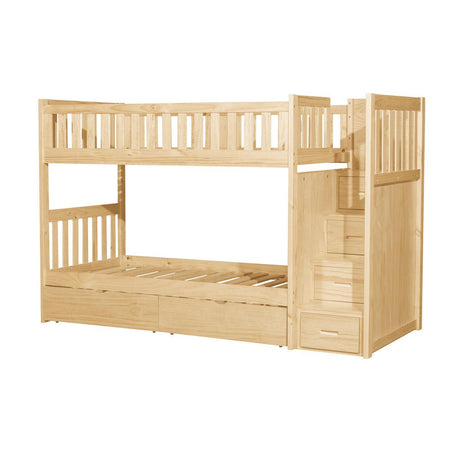 Bartly natural pine twin bunk bed showing storage drawers and side steps