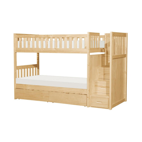 Bartly natural pine twin over twin bunk bed with reversible step storage side view