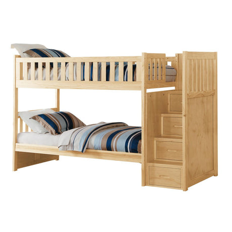Bartly Natural Pine Twin Over Twin Step Bunk Bed angled view showing steps and guard rails