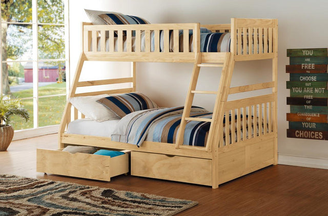 Bartly Natural Pine Twin over Full Bunk Bed with Storage Boxes side view