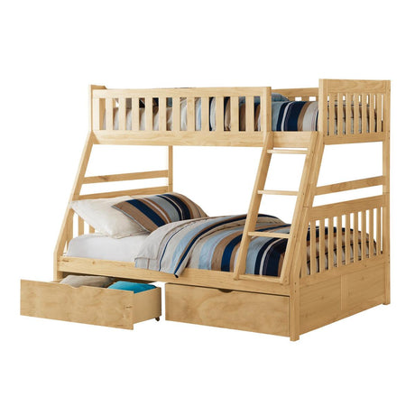Bartly Natural Pine Twin over Full Bunk Bed with Storage Boxes front angle