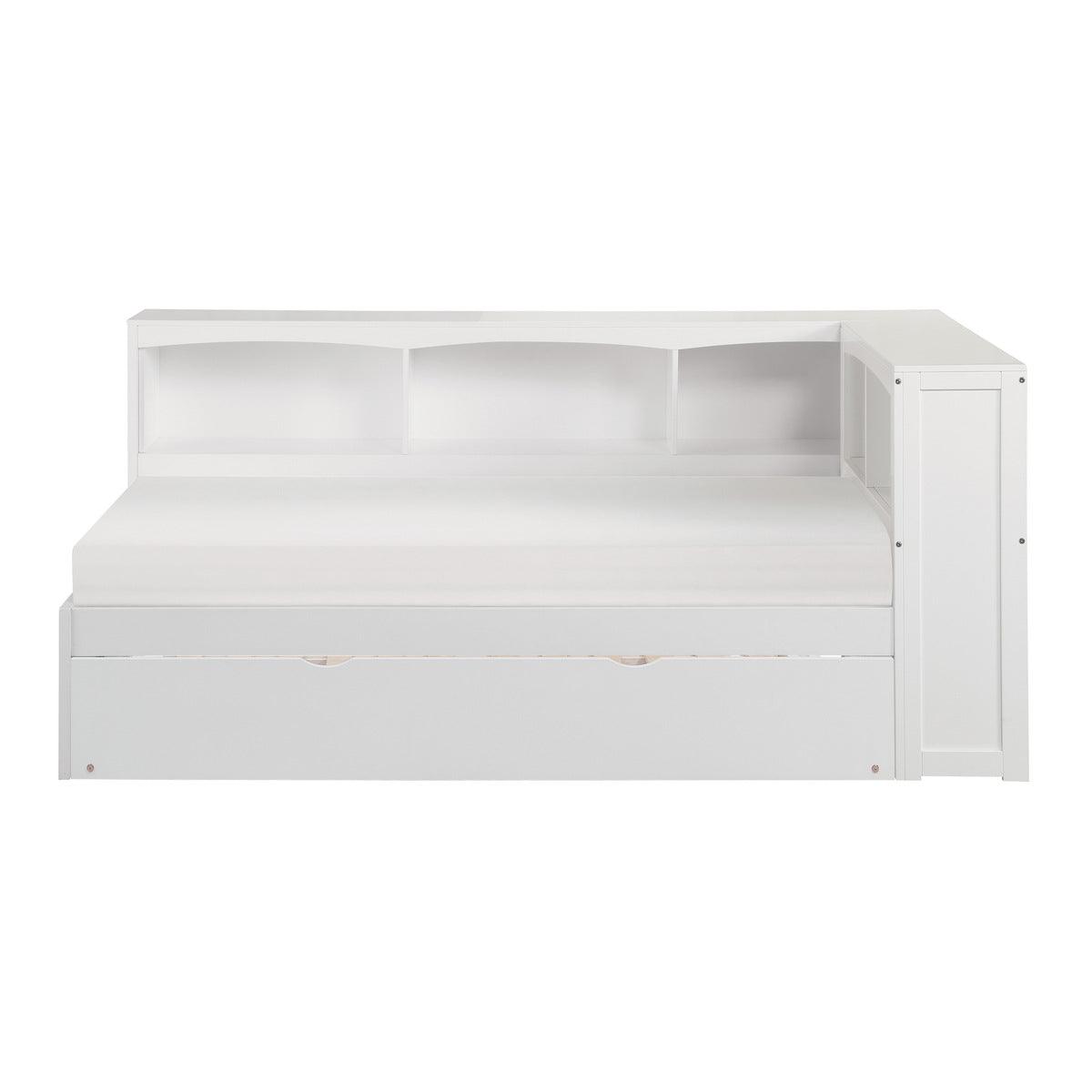 Galen White Transitional Wood And Engineered Wood Twin Bookcase Corner Bed With Twin Trundle - Ella Furniture