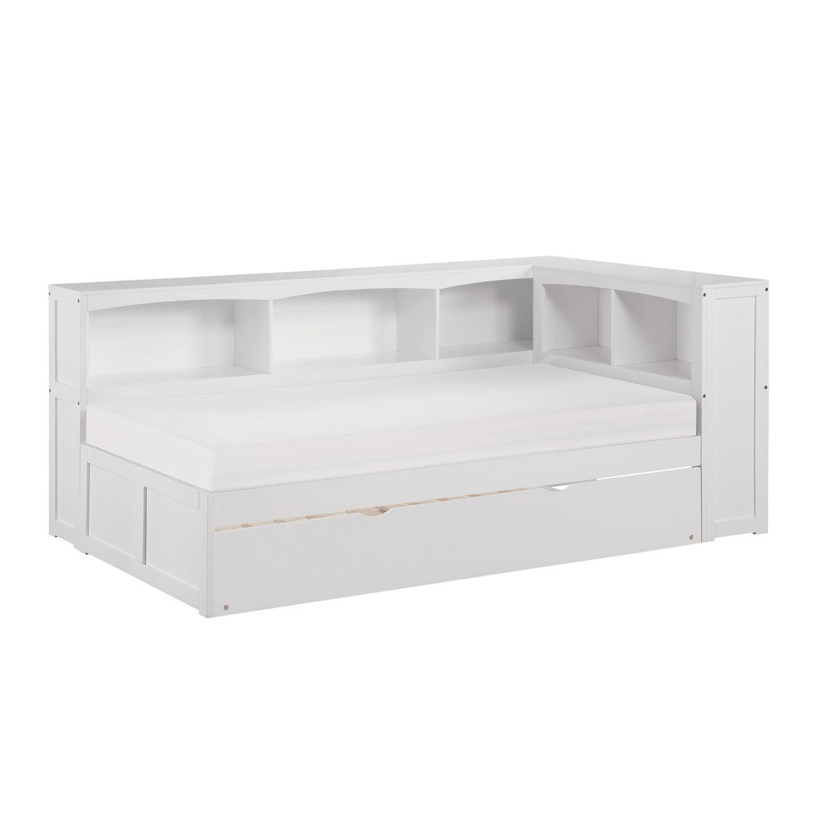 Galen White Transitional Wood, Engineered Wood Youth Twin Bookcase Corner Bed With Twin Trundle - Ella Furniture