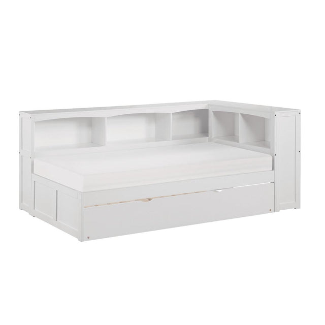 Galen White Transitional Wood, Engineered Wood Youth Twin Bookcase Corner Bed With Twin Trundle - Ella Furniture