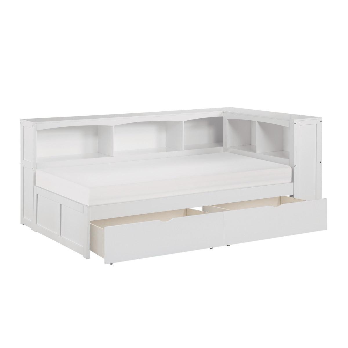Galen White Transitional Wood And Engineered Wood Twin Bookcase Corner Bed With Storage Boxes - Ella Furniture