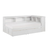Galen White Transitional Wood And Engineered Wood Twin Bookcase Corner Bed With Storage Boxes - Ella Furniture