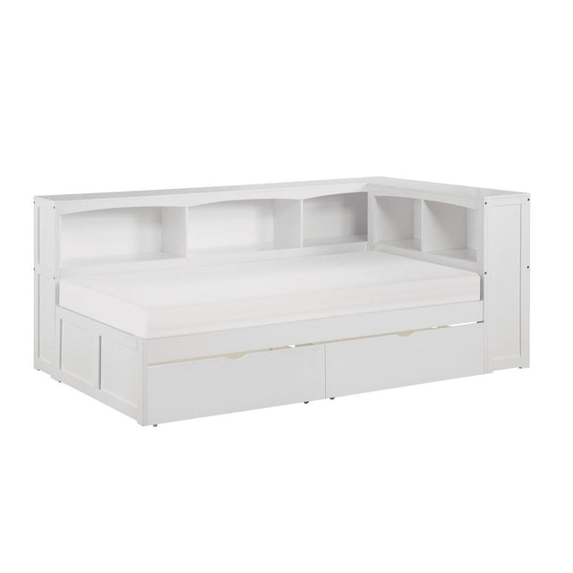 Galen White Transitional Wood And Engineered Wood Twin Bookcase Corner Bed With Storage Boxes - Ella Furniture
