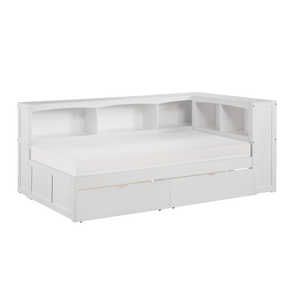 Galen White Transitional Wood And Engineered Wood Twin Bookcase Corner Bed With Storage Boxes - Ella Furniture