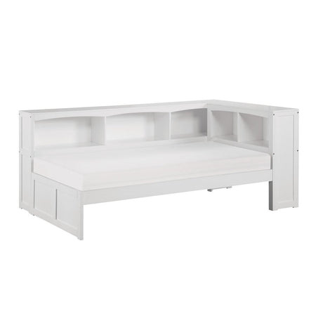 Bartly White Twin Bookcase Corner Bed side view with attached shelves