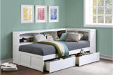 Galen White Twin Bed corner bookcase close-up