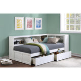 Galen White Transitional Wood And Engineered Wood Twin Bookcase Corner Bed With Storage Boxes - Ella Furniture