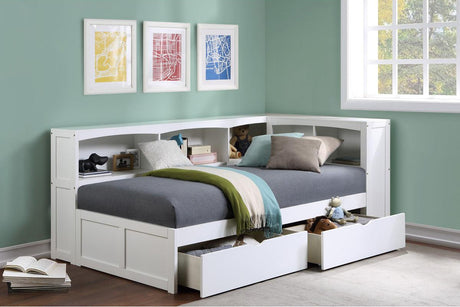 Galen White Twin Bookcase Corner Bed with Storage Boxes youth room setting