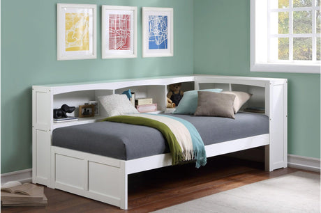 Galen White Solid Wood Twin Bed with Corner Bookcase - front view