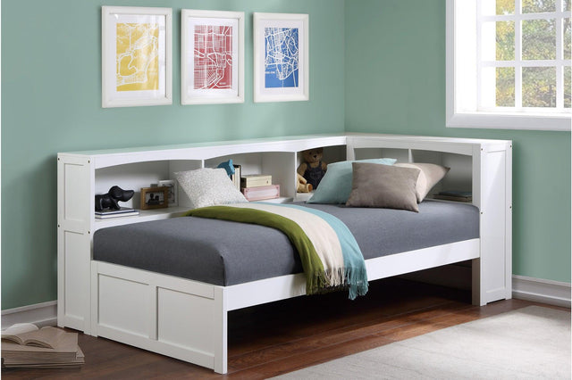 Galen White Solid Wood Twin Bed with Corner Bookcase - front view