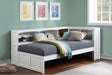 Bartly White Twin Bookcase Corner Bed room setting with youth mattress