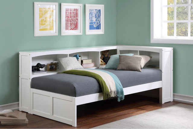 Bartly White Twin Bookcase Corner Bed room setting with youth mattress