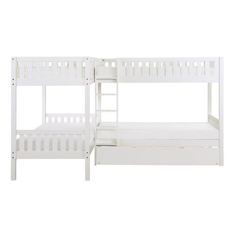 Galen White Corner Bunk Bed with Twin Trundle - front view showing ladder and trundle